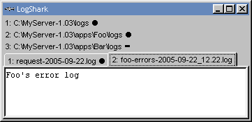 LogShark window showing two log files, one with an 'updated' indicator.